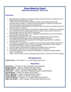 Board Meeting Digest Regular Monthly Meeting – April 9, 2013 Governance 