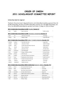 ORDER OF OMEGA 2011 SCHOLARSHIP COMMITTEE REPORT Scholarship Selection Approval The Board, Executive Council, Regional Directors, and Scholarship Committee approved three (3) $1,000 scholarships, thirteen (13) $750 schol