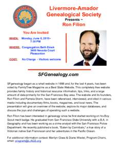 Livermore-Amador Genealogical Society Presents ~ Ron Filion You Are Invited