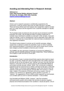 Avoiding and Alleviating Pain in Research Animals Atkinson S J Chair, NSW Animal Welfare Advisory Council 48 Corey Rd, Armidale, NSW 2350, Australia [removed]