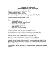 Families First in Numbers Updated Information from January 2006 Current number of Assistance Groups: 70,601 Current number of adults: 53,918 Current number of children: 134,025 Assistance Groups prior to Families First (