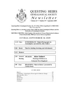 QUESTING HEIRS GENEALOGICAL SOCIETY N e w s l e tt e r  Volume 42  Number 9 September 2009