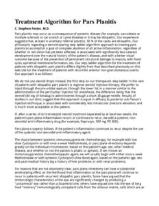 Treatment Algorithm for Pars Planitis C. Stephen Foster, M.D. Pars planitis may occur as a consequence of systemic disease (for example, sarcoidosis or multiple sclerosis or cat scratch or Lyme disease) or it may be idio