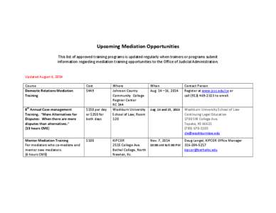 Upcoming Mediation Opportunities This list of approved training programs is updated regularly when trainers or programs submit information regarding mediation training opportunities to the Office of Judicial Administrati