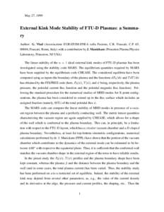 May 27, 1999  External Kink Mode Stability of FTU-D Plasmas: a Summary Author: G. Vlad (Associazione EURATOM-ENEA sulla Fusione, C.R. Frascati, C.P. 65, 00044, Frascati, Rome, Italy) with a contribution by J. Manickam (P