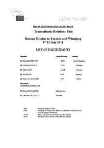 DELEGATION FOR RELATIONS WITH CANADA  Transatlantic Relations Unit Bureau Mission to Toronto and Winnipeg[removed]July 2011 LIST OF PARTICIPANTS