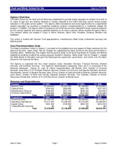 Deaf and Blind, School for the  Agency Profile Agency Overview The Idaho School for the Deaf and the Blind was established to provide quality education to children from birth to