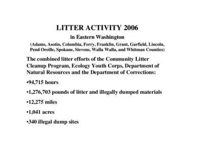 LITTER ACTIVITY 2006 in Eastern Washington (Adams, Asotin, Columbia, Ferry, Franklin, Grant, Garfield, Lincoln, Pend Oreille, Spokane, Stevens, Walla Walla, and Whitman Counties)  The combined litter efforts of the Commu