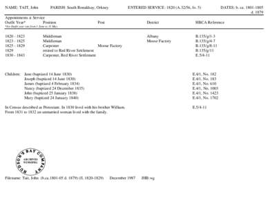 NAME: TAIT, John[removed]PARISH: South Ronaldsay, Orkney                   ENTERED SERVICE: 1820 (A