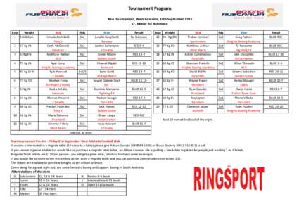 Tournament Program BSA Tournament, West Adelaide, 15th September[removed], Milner Rd Richmond Bout Weight 1 Exhibition