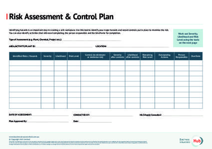 Risk Assessment & Control Plan Identifying hazards is an important step in creating a safe workplace. Use this tool to identify your major hazards and record controls put in place to minimise the risk. You can also ident