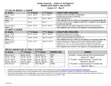 Purdue University - Office of the Registrar SPRING 2015 DROP & ADD DATES January 12 – May 9 TO ADD OR MODIFY A COURSE 16 Weeks 1st 8 Weeks