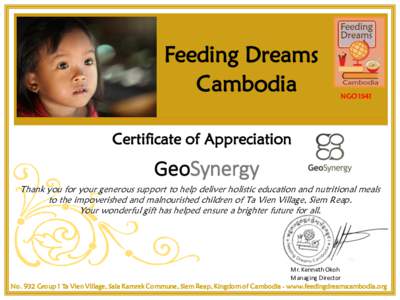 Feeding Dreams Cambodia NGOCertificate of Appreciation