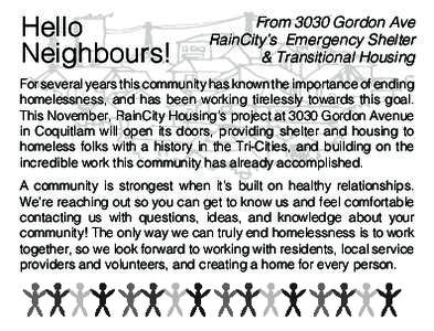 Hello Neighbours! From 3030 Gordon Ave RainCity’s Emergency Shelter & Transitional Housing