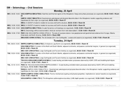 EGU General AssemblySM – Seismology – Oral Sessions Monday, 23 April MO1, 08:30–10:00 GD2.3/GMPV6.8/SM3.6/TS9.8, Heat flow and thermal regime of the lithosphere: Deep and surface processes (co-organized), 08