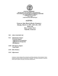 STATE OF TENNESSEE  DEPARTMENT OF COMMERCE AND INSURANCE  TENNESSEE STATE BOARD OF BARBER EXAMINERS  500 JAMES ROBERTSON PARKWAY  NASHVILLE, TN 37243­1148  615­741­2294 