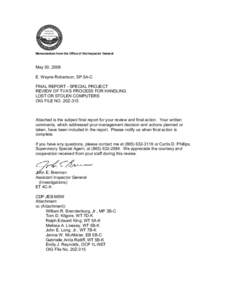 Memorandum from the Office of the Inspector General  May 30, 2008 E. Wayne Robertson, SP 5A-C FINAL REPORT - SPECIAL PROJECT REVIEW OF TVA’S PROCESS FOR HANDLING