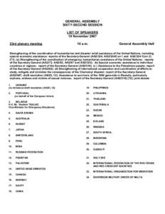 GENERAL ASSEMBLY  SIXTY­SECOND SESSION  LIST OF SPEAKERS  19 November 2007  53rd plenary meeting 