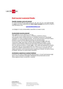 Dati tecnici materiali Radio Quantità, tipologia e invio dei materiali N°1 file in formato MP3 per ogni durata (15”, 20”, 30”, 45” ecc.) e per ogni tipologia di soggetto da inviare tassativamente entro 3 giorni