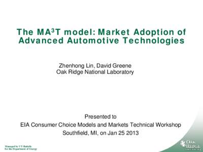 The MA3T model: Market Adoption of Advanced Automotive Technologies Zhenhong Lin, David Greene Oak Ridge National Laboratory  Presented to