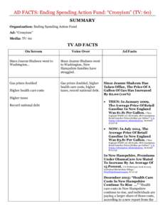 AD FACTS: Ending Spending Action Fund: “Cronyism” (TV: 60) SUMMARY Organization: Ending Spending Action Fund Ad: “Cronyism” Media: TV: 60