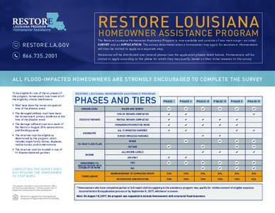 RESTORE LOUISIANA HOMEOWNER ASSISTANCE PROGRAM RESTORE.LA.GOV  The Restore Louisiana Homeowner Assistance Program is now available and consists of two main steps – an initial