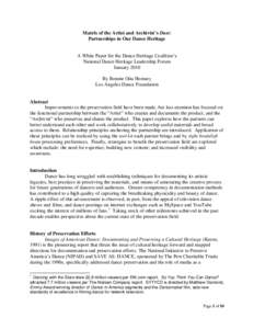 Matrix of the Artist and Archivist’s Duet: Partnerships in Our Dance Heritage A White Paper for the Dance Heritage Coalition‟s National Dance Heritage Leadership Forum January 2010 By Bonnie Oda Homsey