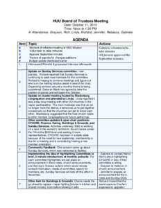 HUU Board of Trustees Meeting Date: October 11, 2015 Time: Noon to 1:30 PM In Attendance: Grayson, Rich, Linda, Richard, Jennifer, Rebecca, Gabriela  AGENDA