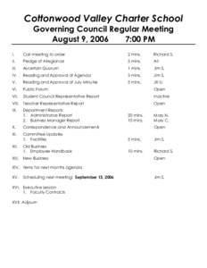 Cottonwood Valley Charter School Governing Council Regular Meeting August 9, 2006 7:00 PM I.