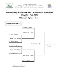 La Sierra Community Center 5325 Engle Road ● Suite #100 ● Carmichael, Ca[removed]7826 ● Fax: ([removed] ● www.carmichaelpark.com Wednesday: Reverse Coed Quads BB/B Volleyball Playoffs - Fall 2014