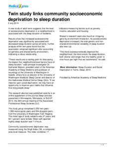 Twin study links community socioeconomic deprivation to sleep duration