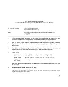 LETTER OF UNDERSTANDING Amending the Roadbuilding Industry Standard Agreement (Paving) BY AND BETWEEN:  LAFARGE CANADA INC.