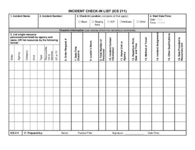 INCIDENT CHECK-IN LIST (ICS[removed]Incident Name: 2. Incident Number:  3. Check-In Location (complete all that apply):