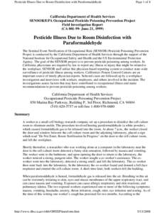 Pesticide Illness Due to Room Disinfection with Paraformaldehyde  Page 1 of 4 California Department of Health Services SENSOR/EPA Occupational Pesticide Poisoning Prevention Project