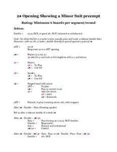 2♠ Opening Showing a Minor Suit preempt Rating: Minimum 6 boards per segment/round Defense: Double =  13-15 HCP, or good 18+ HCP, balanced or unbalanced.