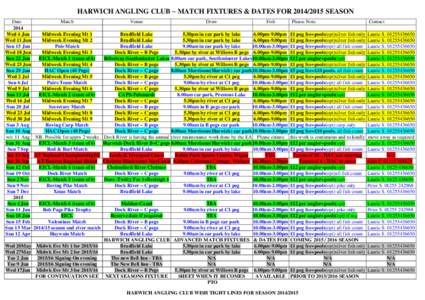HARWICH ANGLING CLUB – MATCH FIXTURES & DATES FOR[removed]SEASON Date Match 2014 Wed 4 Jun Midweek Evening Mt 1