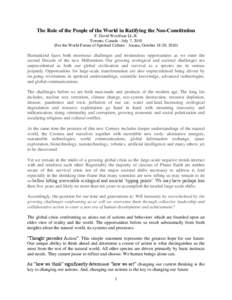 The Role of the People of the World in Ratifying the Noo-Constitution F. David Woolfson LL.B. Toronto, Canada - July 7, 2010 (For the World Forum of Spiritual Culture - Astana, October 18-20, [removed]Humankind faces both 