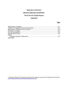 Department of Education ENGLISH LANGUAGE ACQUISITION Fiscal Year 2017 Budget Request CONTENTS Page Appropriations language .................................................................................................