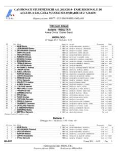 CAMPIONATI STUDENTESCHI A.S[removed]FASE REGIONALE DI ATLETICA LEGGERA SCUOLE SECONDARIE DI 2° GRADO F.I.D.A.L. Organizzazione: MI077 - CUS PRO PATRIA MILANO 100 metri Allievi