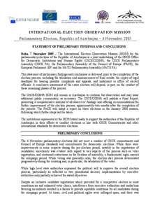 NATO Parliamentary Assembly Assemblée parlementaire de l’OTAN INTERNATIONAL ELECTION OBSERVATION MISSION Parliamentary Election, Republic of Azerbaijan – 6 November 2005