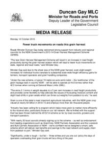 Duncan Gay MLC Minister for Roads and Ports Deputy Leader of the Government Legislative Council  MEDIA RELEASE