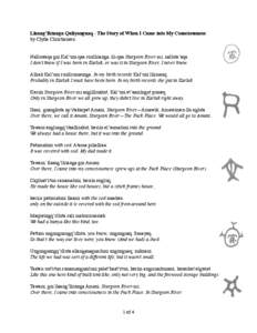 Llaang’llrianga Quliyanguaq - The Story of When I Came into My Consciousness by Clyda Christiansen Nalluwaqa gui Kal’uni-qaa suullrianga, ili-qaa Sturgeon River-mi, nalluta’aqa. I don’t know if I was born in Karl