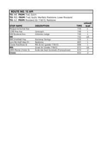 ROUTE NO. 15 AM TO: WE FROM: Trail, Gulch TO: RSS FROM: Trail, Gulch, Warfield, Redstone, Lower Rossland TO: JLC FROM: Rossland (Gr 11&12), Redstone STOP NAME McQuarrie St/2nd Ave