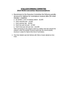 STALLION OWNERS COMMITTEE 2016 NCHA Convention Recommendations 1. Recommend to the Executive Committee the following penalty structure for stallions for nominations received after the initial October 1 deadline: a. By Oc
