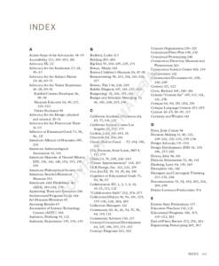 Index B Action Steps of the Advocacies 34–35 Accessibility 121, 180–183, 281 Advocacy IX, 22