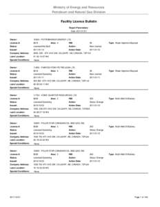 Ministry of Energy and Resources Petroleum and Natural Gas Division Facility Licence Bulletin Report Parameters: Date: [removed]