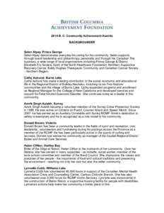 !  ! 2014 B. C. Community Achievement Awards ! BACKGROUNDER