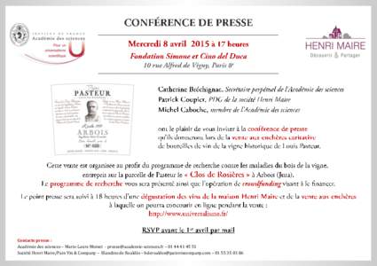 Invitation à la conférence de presse pour la vente caritative de bouteilles de vin de la vigne historique de Louis Pasteur