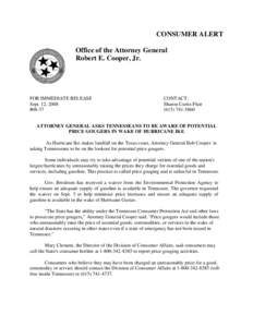 CONSUMER ALERT Office of the Attorney General Robert E. Cooper, Jr. FOR IMMEDIATE RELEASE Sept. 12, 2008