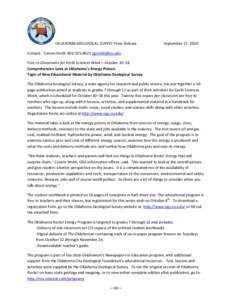 OKLAHOMA GEOLOGICAL SURVEY Press Release  September 27, 2010 Contact: Connie SmithFree to Classrooms for Earth Sciences Week—October 10–16: